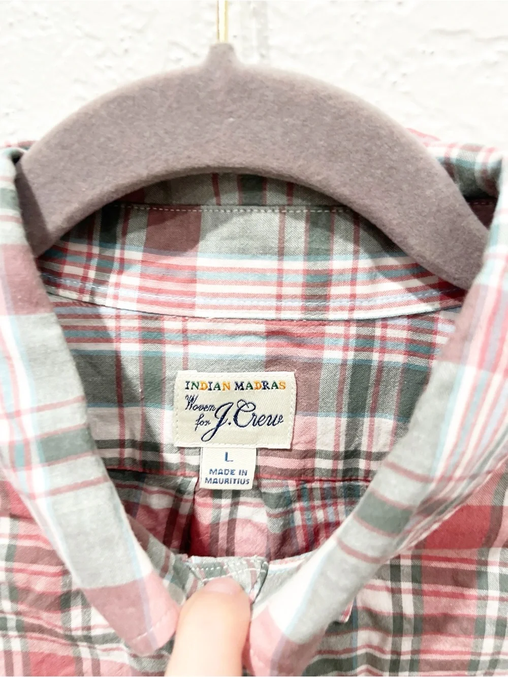 J. Crew Indian Madras Shirt Men's Large Pink Gray Plaid Woven Preppy Long Sleeve